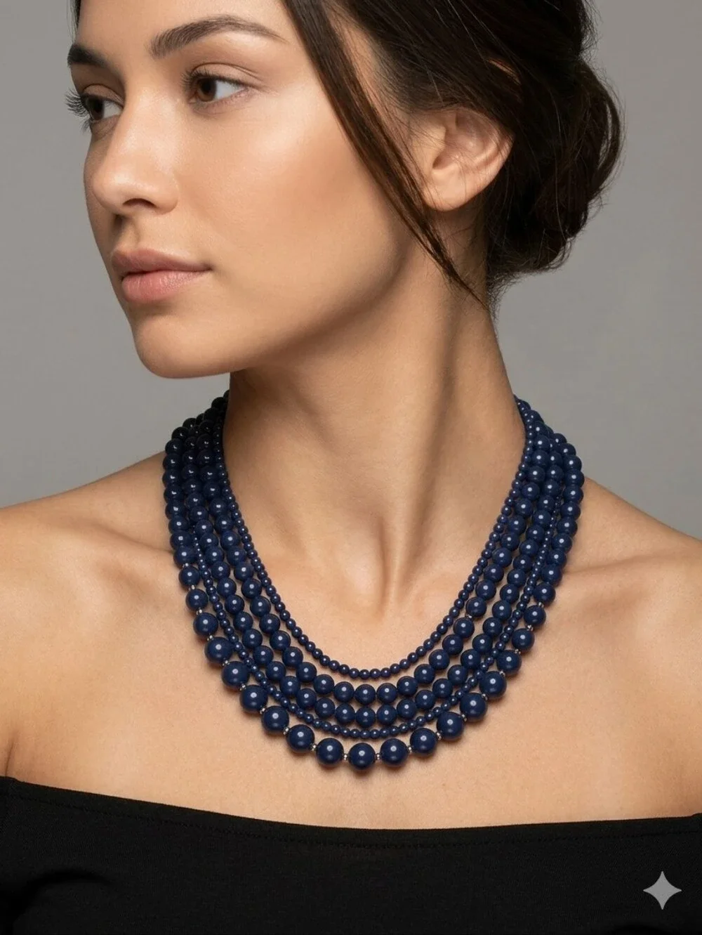 Navy‎ Blue & Silver Tone Multi  Strand Faux Pearl  Necklace